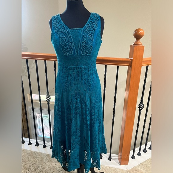Reba Vibrant TURQUOISE/TEAL SLEEVELESS LACE FIT & FLARE RETRO MIDI DRESS SIZE M - Picture 5 of 10